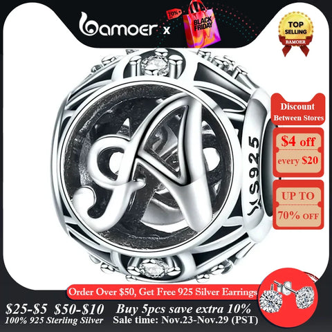 BAMOER 925 Sterling Silver Letter Collection A to Z Alphabet Charms Beads fit Charm Bracelet DIY Jewelry Making