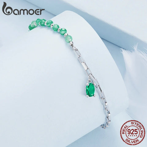 Bamoer 925 Sterling Silver Crystal Green Beads Bracelet Delicate Square Link for Women Birthday Valentine's Day Jewelry Gift