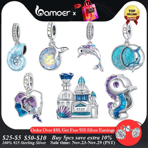 bamoer 925 Sterling Silver Dream Ocean Series Enamel Charms, Mermaid Fishtail Hippocampus Shell Heart Scaly Castle Charm BSC433