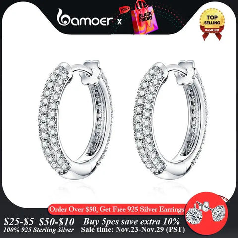 Bamoer 925 Sterling Silver Ear Hoops Luxury Ear Buckles Pave Setting Zircon for Women Wedding Engagement Jewelry Gifts BSE300