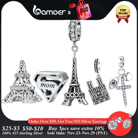 Bamoer 925 Sterling Silver Eiffel Tower Beads Landmark Building Charms for Women Bracelet DIY Pave Setting CZ Fine Jewelry