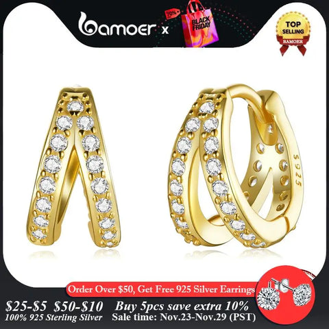 Bamoer 925 Sterling Silver Classic Geometry Earrings Women Zircon Crystal Double Rings Ear Hoop Earrings 3 Colors