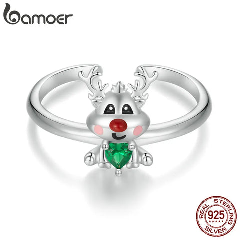 Bamoer 925 Sterling Silver Classic Reindeer Adjustable Ring Green Zircon Opening Ring for Women Christmas Gift Fine Jewelry