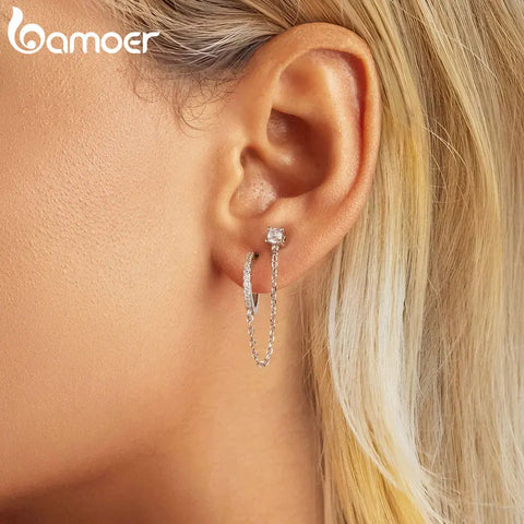 BAMOER 925 Sterling Silver 1 PCS Double Circle Hoop Earrings Long Chain Earrings for Women Statement Jewelry Elegant Earrings