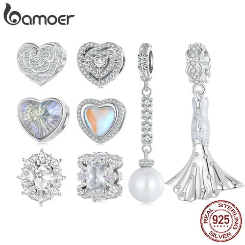 Bamoer 925 Sterling Silver Wedding Series Heart of Rose Bead Wedding Dress Charms for Women Bracelet Bangle DIY Fine Jewelry