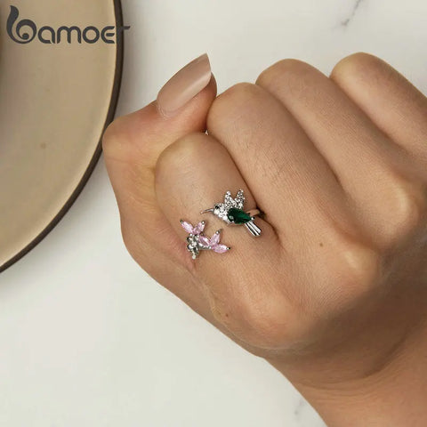 BAMOER 925 Sterling Silver Hummingbird Open Ring Dazzing CZ Adjustable Finger Rings for Women Silver Jewelry Gift BSR016
