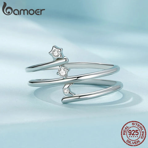 Bamoer 925 Sterling Silver Trendy Multi-layered Stars and Moon Ring Original Design Fine Jewelry Gift for Women Party
