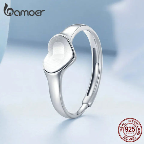 Bamoer 925 Sterling Silver High Polished Light and Shadow Love Adjustable Ring Heart Opening Ring for Women Valentine's Day Gift