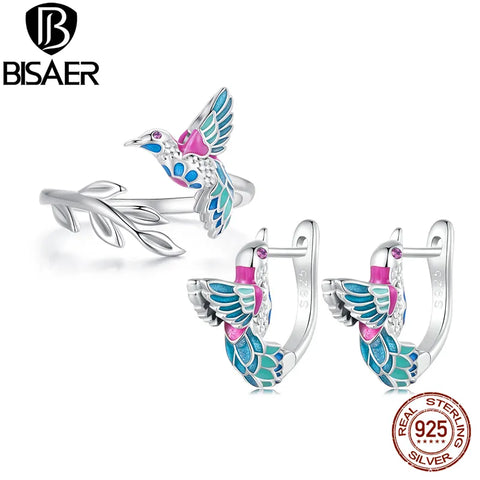 BISAER 925 Sterling Silver Kingfisher Bird Jewerly Set Ring Stud Earring Enamel Process Plated Platinum for Women Party Gift