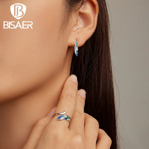 BISAER 925 Sterling Silver Blue Feather Jewelry Set Earrings Adjustable Ring Plated Platinum For Women Elegant Fine Jewelry Gift