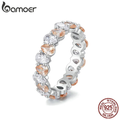 Bamoer 925 Sterling Silver Water-drop Zircon Ring Brilliant Finger Ring for Women Engagement Exquisite Fine Jewelry
