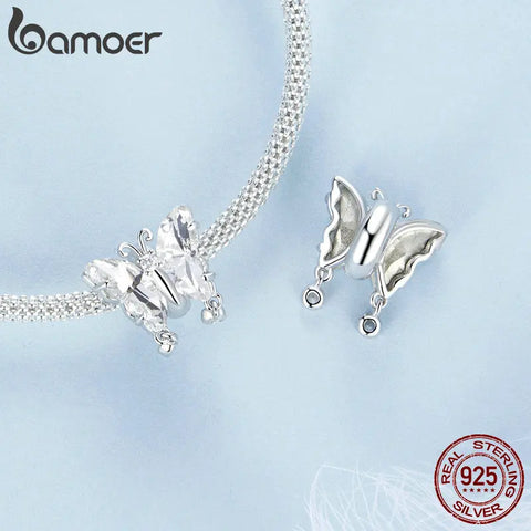 BAMOER 925 Sterling Silver Transparent Dazzling Butterflies Charm Pave Setting CZ for Women Bracelet DIY Fine Jewelry Gift
