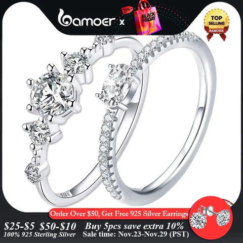 BAMOER 925 Sterling Silver Dazzling Sparkling Engagement Finger Rings for Women Solid Silver Jewelry Wedding Statement Ring