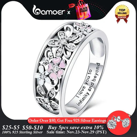 bamoer 925 Sterling Silver Daisy Flower & Infinity Love Pave Finger Rings for Women Wedding Engagement Jewelry SCR390