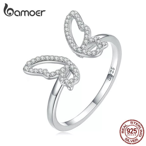 Bamoer Authentic 925 Sterling Silver Delicate Brilliant Butterfly Opening Ring for Women Eternity Band Party Fine Jewelry BSR278