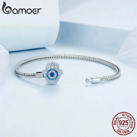 BAMOER 925 Sterling Silver Fatima Guardian With Clear CZ Clasp Charm Bracelet Basic Bracelets Fit BAMOER & European Charms Bead