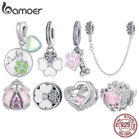 Bamoer 925 Sterling Silver Pink Enamel Ladybird Beads Pink Zircon Ladybug Charms for Women Bracelet and Bangle DIY Fine Jewelry