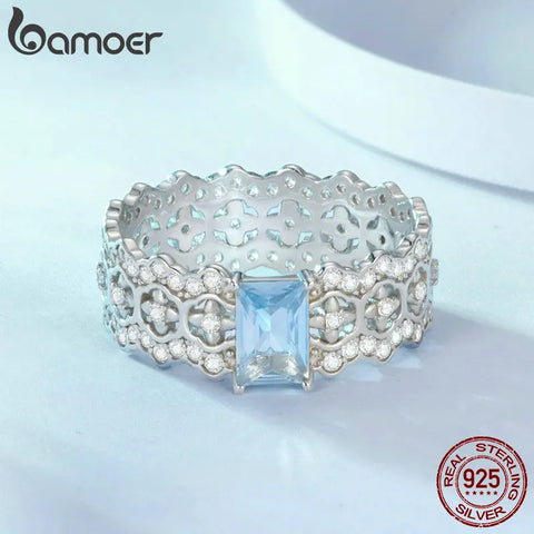 BAMOER 925 Sterling Silver Dainty CZ Lace Ring Platinum Filled Chunky Simple intricate texture Elegant Band