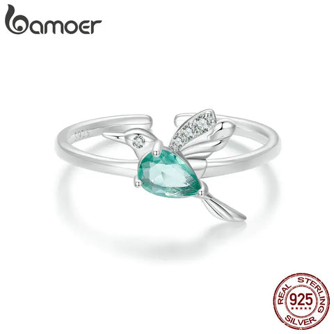 BAMOER 925 Sterling Silver Hummingbird Ring with Blue Cubic Zirconia for Women Jewelry Gift Adjustable Ring 6-9#