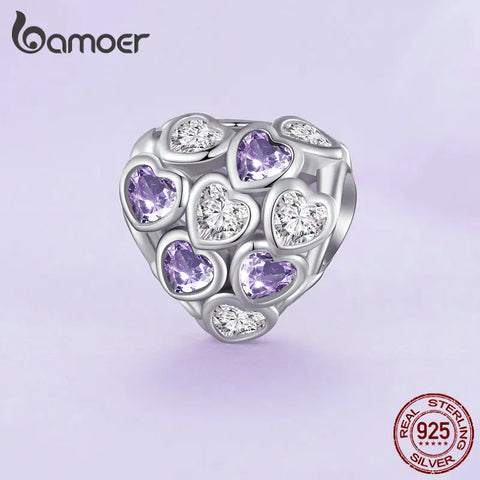 Bamoer 925 Sterling Silver Infinite Love Bead Purple Heart Zircon Charms for Women Original Bracelet and Bangle Fine Jewelry