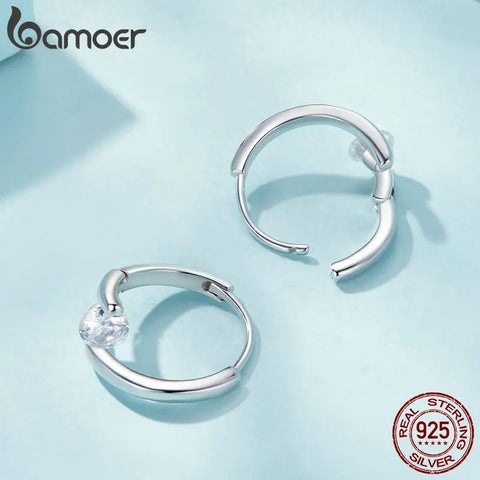 BAMOER Platinum Plated CZ 925 Sterling Silver Huggie Earrings | U-Shaped Solitaire Small Round Hoop Earrings SCE1668