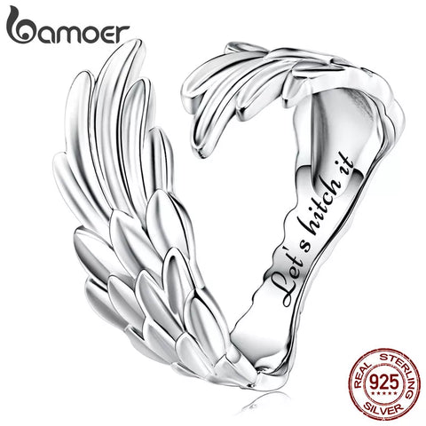 Bamoer 925 Sterling Silver Guardian Wing Open Ring Angel Wing Adjustable Finger Ring Engraved with Words for Women Fine Jewelry
