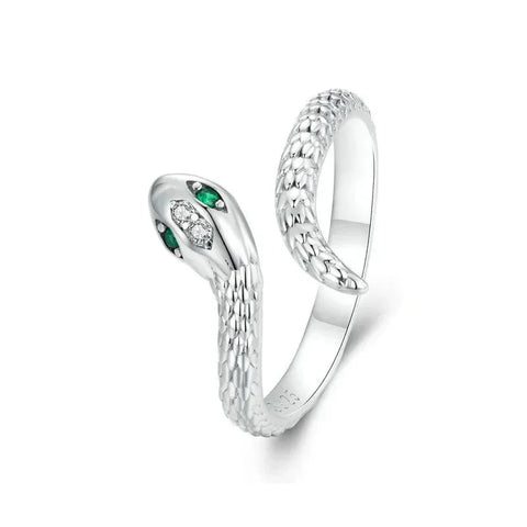 BAMOER 925 Sterling Silver Adjustable Snake Ring Platinum Plated Green Zircon Retro Textures Snake Ring Fashion Jewelry