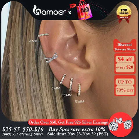 Bamoer 925 Sterling Silver Earrings For Women Small Hoop Earrings Ear Bone aros aretes Huggie Studs