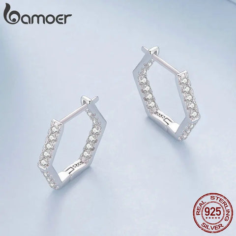 Bamoer 925 Sterling Silver Classic Zircon Ear Buckles Hexagonal Hoop Earrings for Women Elegant Fine Jewelry BSE917