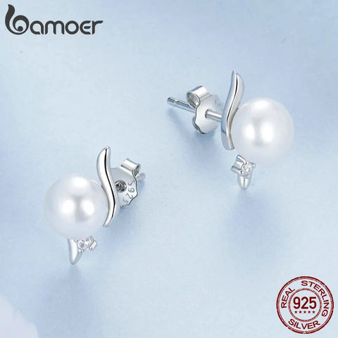 BAMOER 925 Sterling Silver Elegant Natural Freshwater Pearl Ear Studs Pave Setting CZ for Women Engagement Party Jewelry