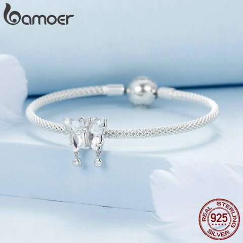 BAMOER 925 Sterling Silver Transparent Dazzling Butterflies Charm Pave Setting CZ for Women Bracelet DIY Fine Jewelry Gift