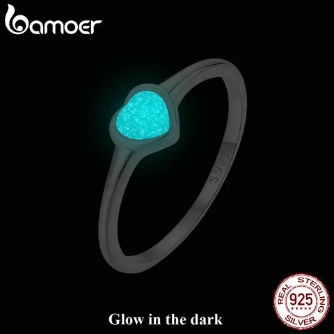 BAMOER Luminous Heart Signet Ring Platinum Gold Plated | 925 Sterling Silver Dainty Pinky Ring Promise Ring Birthday Gift