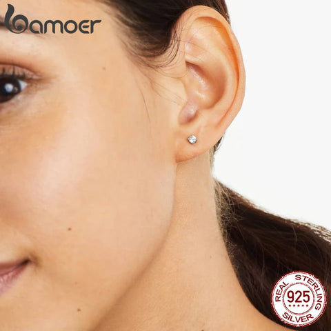 Bamoer 925 Sterling Silver Simple Round Moissanite Stud Earrings for Women Classic Engagement Wedding Fine Jewelry Gift MSE038