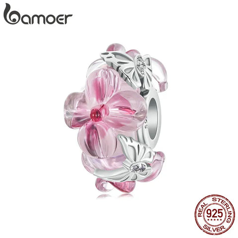BAMOER Murano Glass 925 Sterling Silver Charms Flower Butterfly Pink Bead for Women Bracelet&Necklace Jewelry Gifts