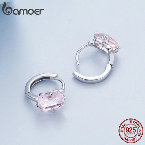 Bamoer 925 Sterling Silver Pink Square Gemstone Ear Buckles Sweet Hoop Earrings for Women Girls Original Design Fine Jewelry