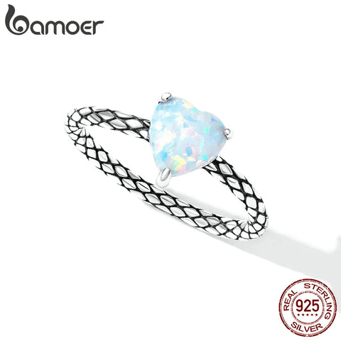 Bamoer 925 Sterling Silver Heart Opal Snake Pattern Ring for Women Eternity Ring Size 6 7 8 Luxury Brand Fine Jewelry Party Gift