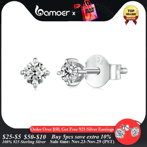 Bamoer 925 Sterling Silver Simple Round Moissanite Stud Earrings for Women Classic Engagement Wedding Fine Jewelry Gift MSE038