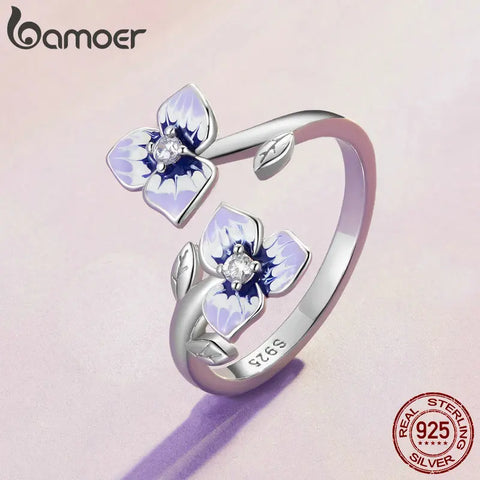 Bamoer 925 Sterling Silver Gradient Enamel Pueple Flower Opening Ring Pansy and Butterfly Adjustable Ring for Women Fine Jewelry