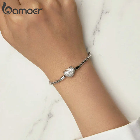 Bamoer 925 Sterling Silver Punk Style Braided Silver Chain Link Heart-Shaped Buckle Basic Bracelet  Pave Setting CZ for Women