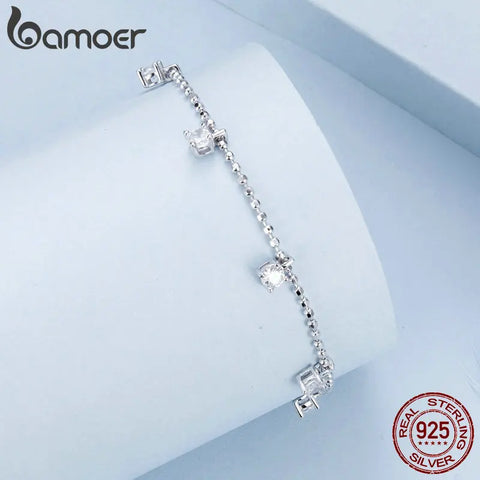 BAMOER 925 Sterling Silver Sparkling Zircon Pendant Bracelet Beads Chain Link for Women Anniversary Birthday Gift Fine Jewelry