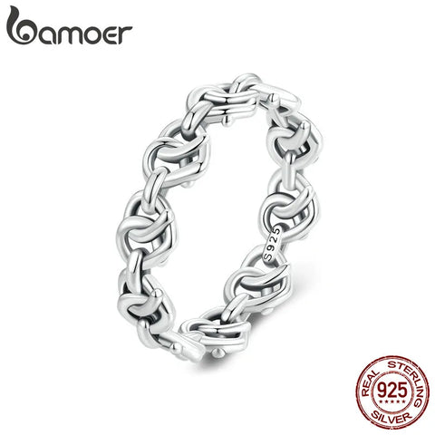 Bamoer 925 Sterling Silver Intertwined Heart Chain Ring Geometric Love Ring for Wowen Platinum Plated Fine Jewelry