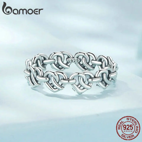 Bamoer 925 Sterling Silver Intertwined Heart Chain Ring Geometric Love Ring for Wowen Platinum Plated Fine Jewelry