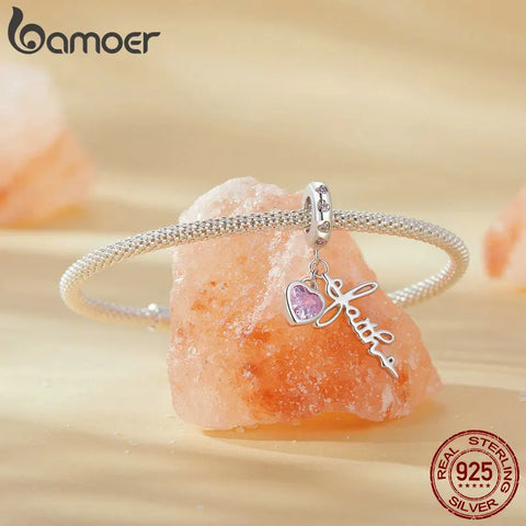 BAMOER Faith Charm 925 Sterling Silver Cross Pendant Heart CZ Initial Pendant fit Charm Bracelet Christmas Jewelry Gifts
