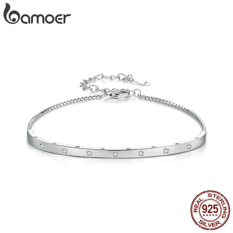Bamoer 925 Sterling Silver Platinum Plated Adjustable Bracelet Pave Setting CZ Bangle for Women Birthday Anniversary Gift BSB145