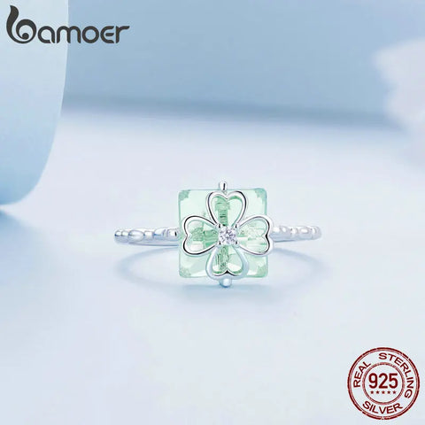 Bamoer 925 Sterling Silver Light Green Four-leaf Clover Finger Ring Delicate Women Rings Platinum Plated Fine Jewelry BSR339