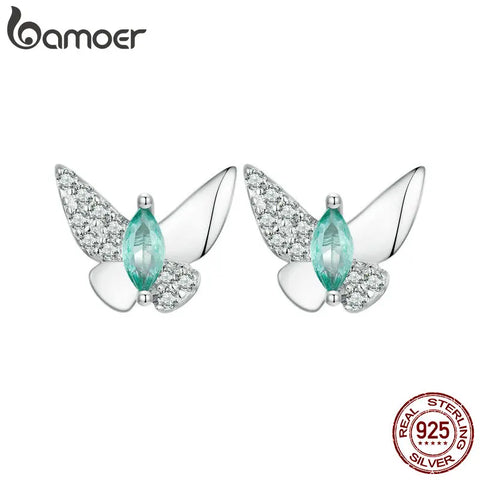 BAMOER Hypoallergenic Platinum Plated Butterfly Stud Earrings Cubic Zirconia 925 Sterling Silver Dainty Insect Earrings