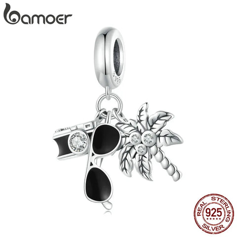 Bamoer 925 Sterling Silver Vacation Travel Pendant Charms for Charm Bracelet Camera Sunglass DIY Jewelry Accessories SCC2557