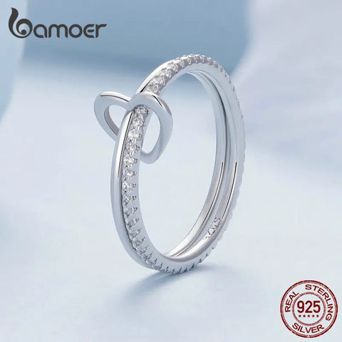 Bamoer 925 Sterling Silver Doule Layer Stackable Ring Heart Buckle Eternity Band for Women Valentine's Day Gift Fine Jewelry