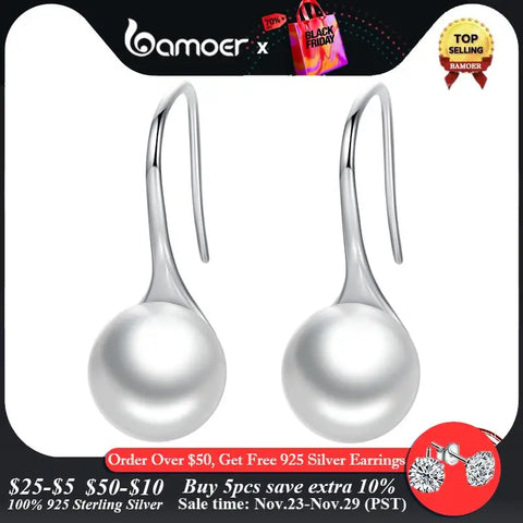 BAMOER 925 Sterling Silver Elegant Round Pure Love Pearl Drop Earrings for Women Jewelry Brincos White ,Black Purple Pink SCE037