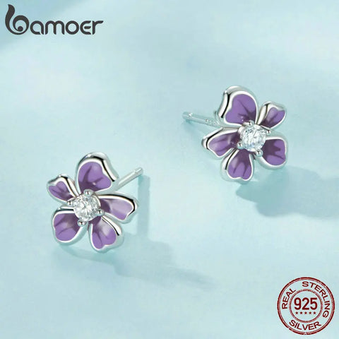 BAMOER Purple Flower Earrings for Women, 925 Sterling Silver Cute Plumeria Cherry Blossom Hypoallergenic Stud Earrings For Girl